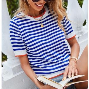 Striped Blue White Orange Trim Knit Top Short Sleeve Tee Fitted Sleeve Cuff